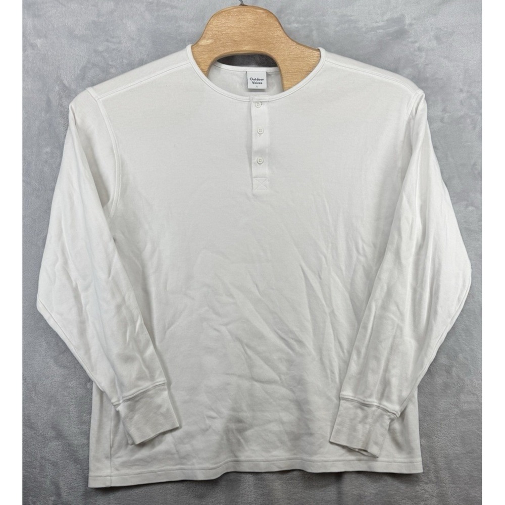 Outdoor Voices Henley Shirt White Organic Cotton Long Sleeve Men's Size L 23x28